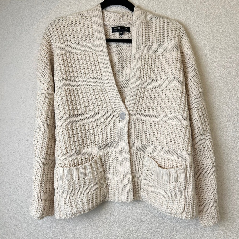 Vintage Joseph A. Fisherman Sweater Chunky Knit Wool Cardigan Cream Womens XL